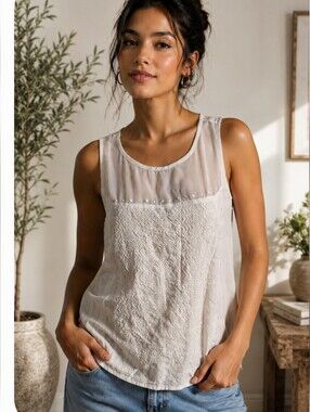 American Eagle Outfitters White Embroidered Studded Sleeveless Top Medium Boho